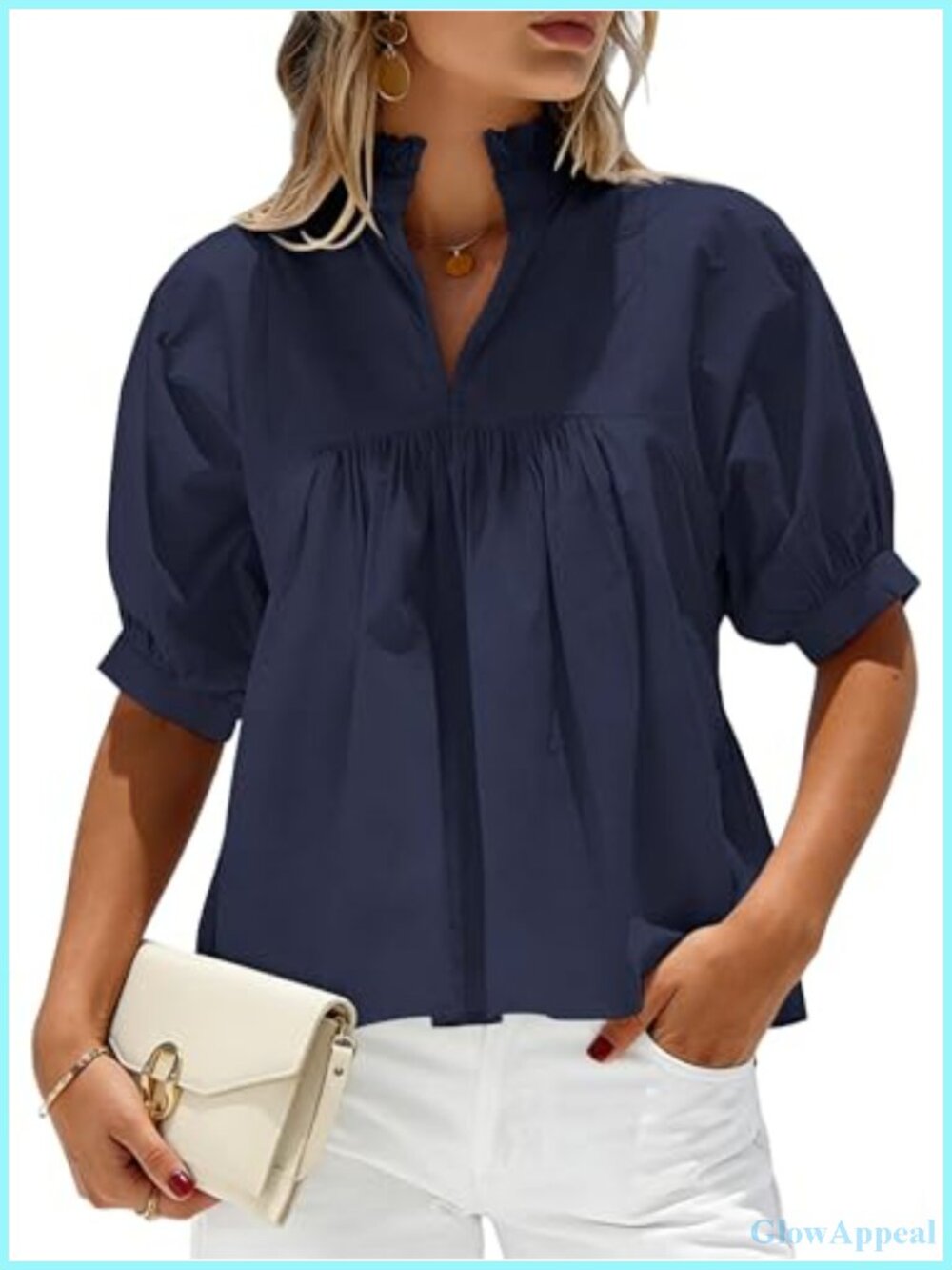 Women's Ruffle V-Neck Babydoll Peplum Blouse Puff Sleeve Rayon Top